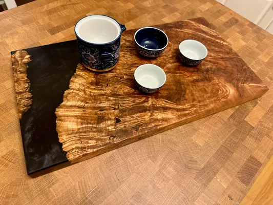 Charcuterie board set, Black Walnut Burl and black epoxy