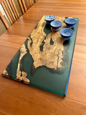 Rectangular reclaimed California Olivewood and translucent green epoxy centerpiece