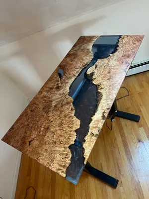 Desk, Maple Burl and translucent blue epoxy