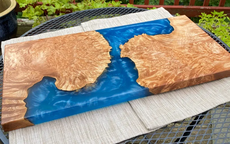 Charcuterie board, Maple Burl and blue epoxy